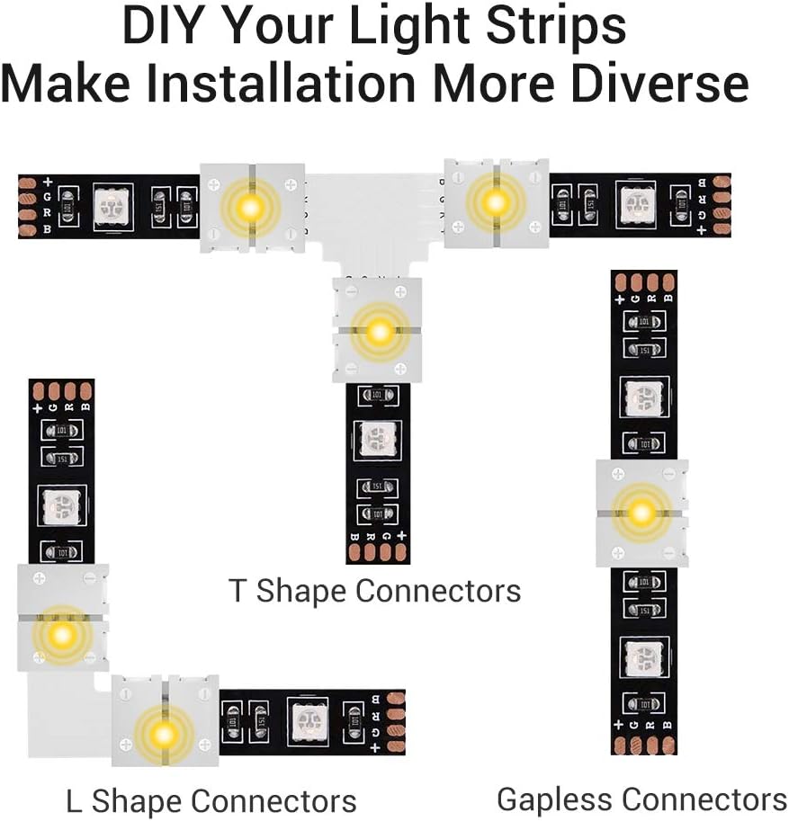 Led Strip Light Connectors Kit, Right Corner Angle Solderless Gapless Adapter, 4 Pin Conductor Light Strip Splice for TV, 10mm Tape Light Connector DIY Accessories for SMD 5050 RGB Multicolor Strip - - 