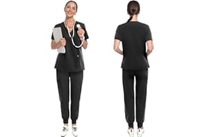 UnionMed Tech Scrubs for Women Set, Stretchy Slim Fit V-Neck Top & Jogger Scrub Pants with Multi Pocket Yoga Waistband