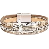 COLORFUL BLING Religious Cross Engraved Blessed Faux Leather Wrap Bracelet for Women Multi-Layer Boho Crystal Beaded Cuff Bangle Bracelet Christian Jewelry Gift-E khaki