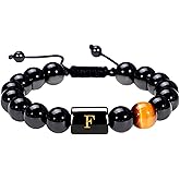 YOTHIWAD Initials Bracelets for Men Letters Bracelet Natural Tiger Eye Black Onyx Beaded Bracelet Handmade Jewelry Gift for Men