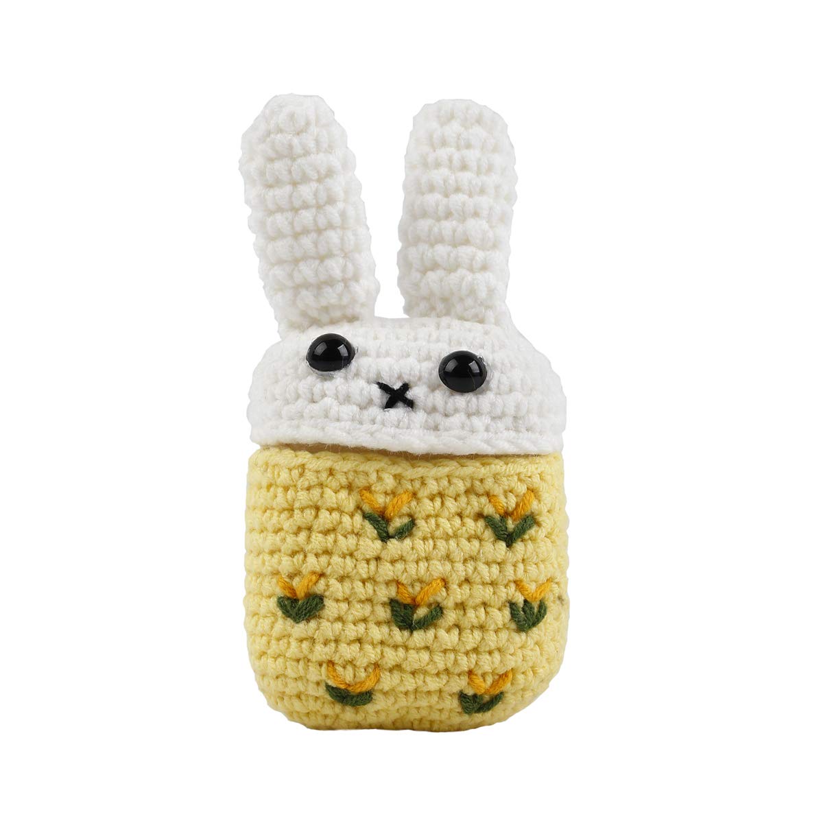 Wondee Global Services Case for Airpods 1 and 2 with Silicone Inside and Crochet Outside in the Shape of a Rabbit, white and orange.