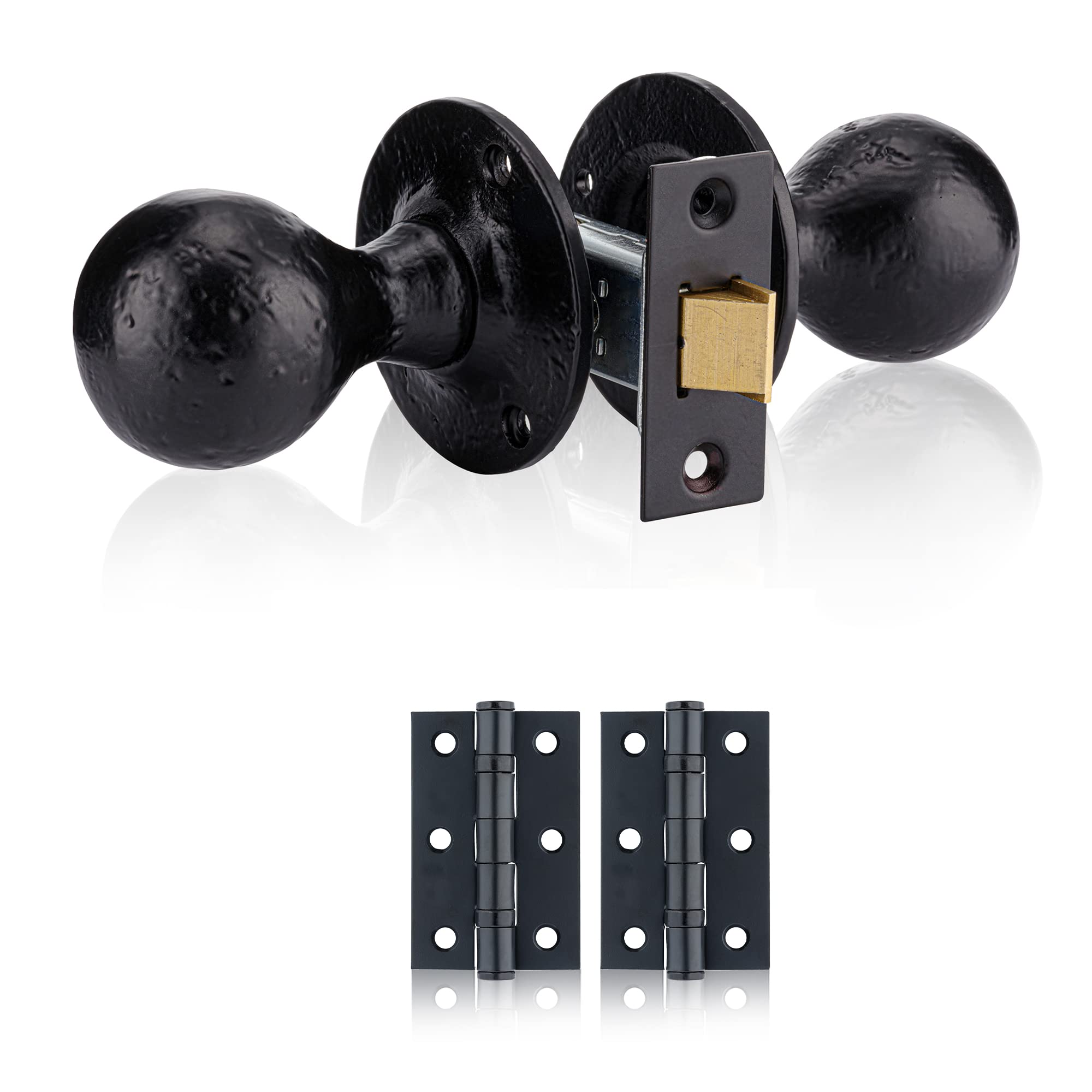 XFORT Smithy's Range Black Antique Ball Shaped Mortice Door Knob Set with 75mm Ball Bearing Hinges and 75mm Tubular Latch, Traditional Door Knob Set for Interior Wooden Doors.
