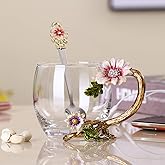 JY-Danbady Enamel Sunflower Crystal Lead-Free Glass Tea Cup with Spoon Set, Present for The Christmas, Valentine's Day.Best P