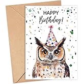 HKDesignGift Owl Birthday Card With Party Hat - Happy Birthday Card - Owl Gift - Zoo Safari Animal Birth - Zoo Greeting Cards - Owls Watercolour Cards - Animal Lover Birth Gift