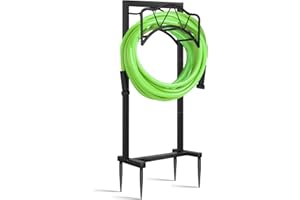 HWRHTR Garden Hose Holder Freestanding Outdoor - Heavy Duty Water Hose Holders for Outside, Metal Hose Stand with 4 Spikers, Hose Hanger Free Standing, Hose Storage for Outside, Holds 150-feet Hose, Black