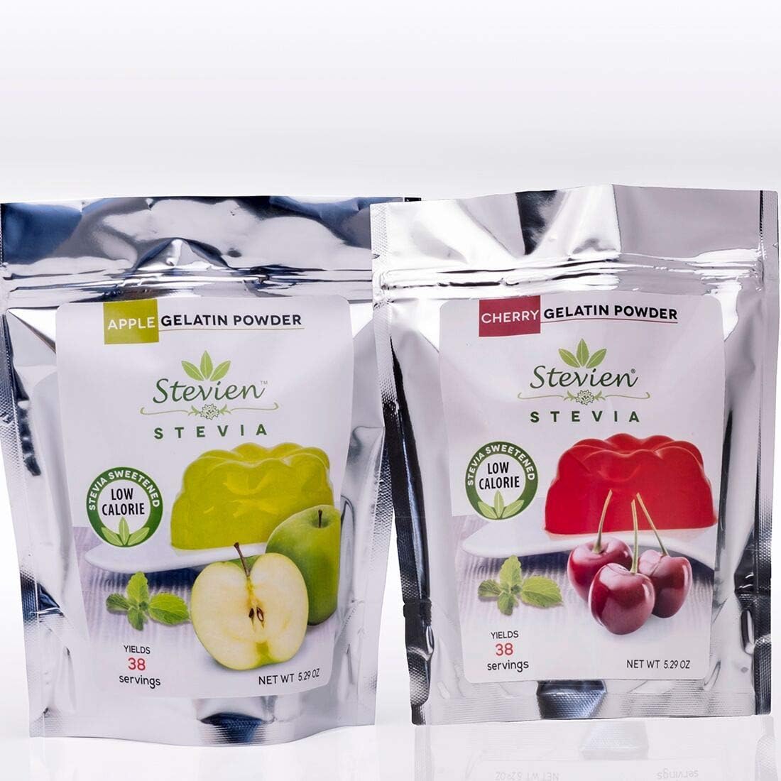 Stevien Gelatin | Sweetened With Organic Stevia | Low Calorie,Nut-Free and gluten free | 2 Pouches - Natural Apple And Cherry Flavors | Keto Paleo And Diabetic Friendly