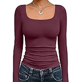 Trendy Queen Womens Long Sleeve Shirts Crop Tops Fall Fashion Solid Square Neck Going Out Basics Tees Y2k Clothes