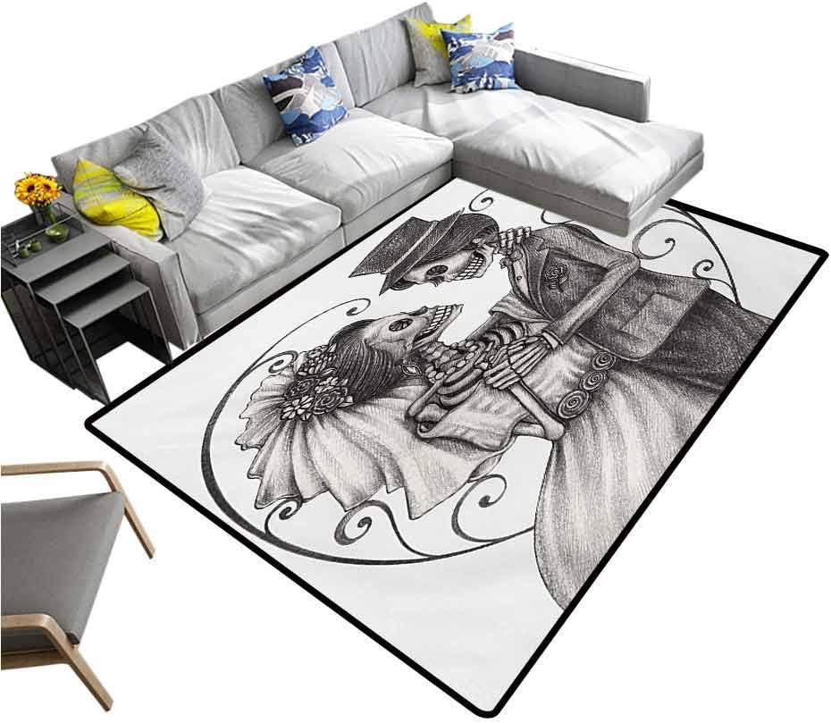 Day of The Dead Rug Pad Love Valentines Skull Skeleton Marriage Eternal Spanish Festive Art Office Floor Mats for Carpet Dimgrey and White (6'x8')