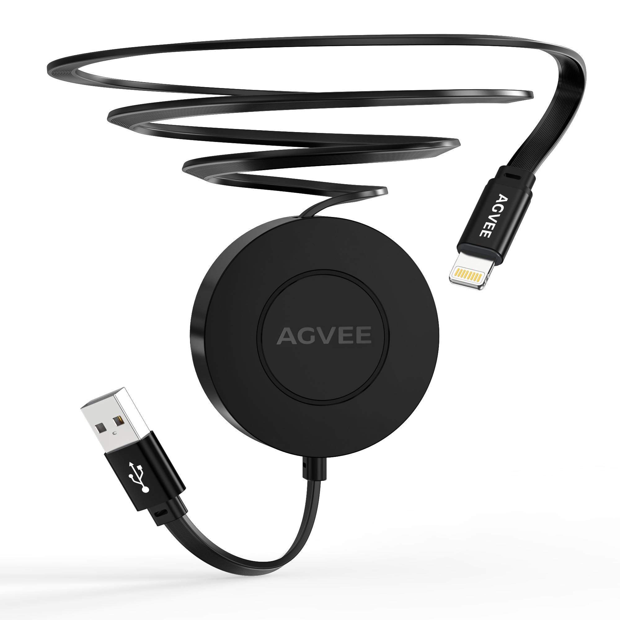 Photo 1 of AGVEE 0.3ft Fixed / 2.3ft Extend USB-A to Lightning Charger Cable Mountable One Way Retractable 2.4A Fast Charging Cord, Pocket-Sized for iPhone 14 13 12 11 XS, Desk Organizer, Black