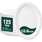 DaYammi 100% Compostable Oval Paper Plates 12 Inch, 125-Pack Heavy Duty Paper Plates Bulk,Biodegradable Bagasse,Eco-Friendly Disposable Dinner Plate for BBQ,Picnic,Party (BPI Certified,Microwaveable)