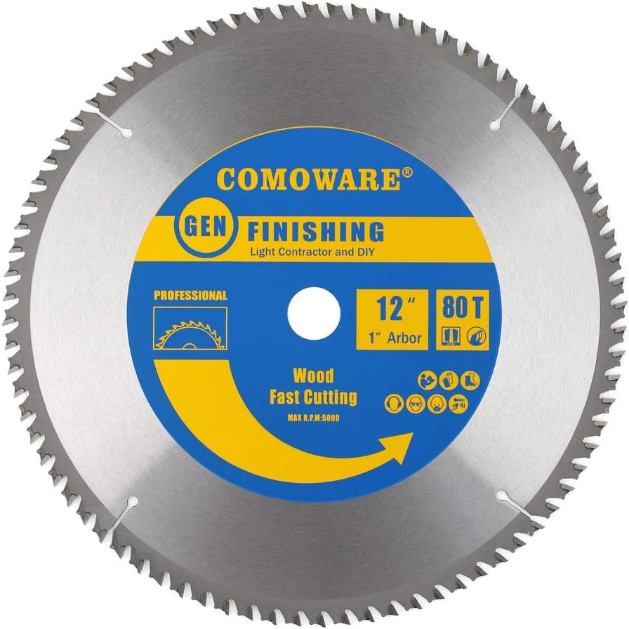 COMOWARE Circular Miter Saw Blade- 12 inch 80 Tooth ATB Premium Tip, Anti-vibration, 1 inch Arbor Light Contractor and DIY for Wood, Wood Composites, Laminate, Veneered Plywood & Hardwoods