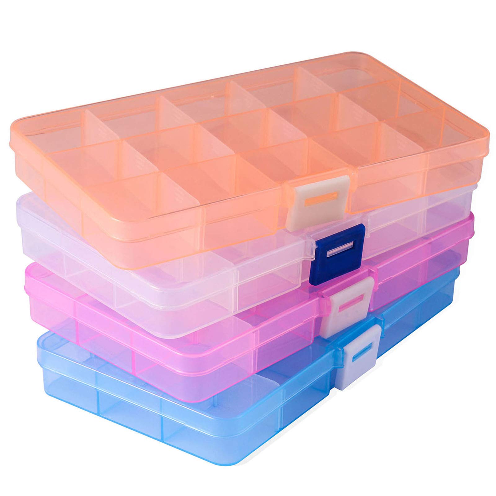 Opret 4 Pcs Bead Storage Box, 15 Grids Plastic Jewellery Organisers Small Containers with Adjustable Dividers Multicolour Compartment Craft Case, Size 17x9.5x2cm — image 1