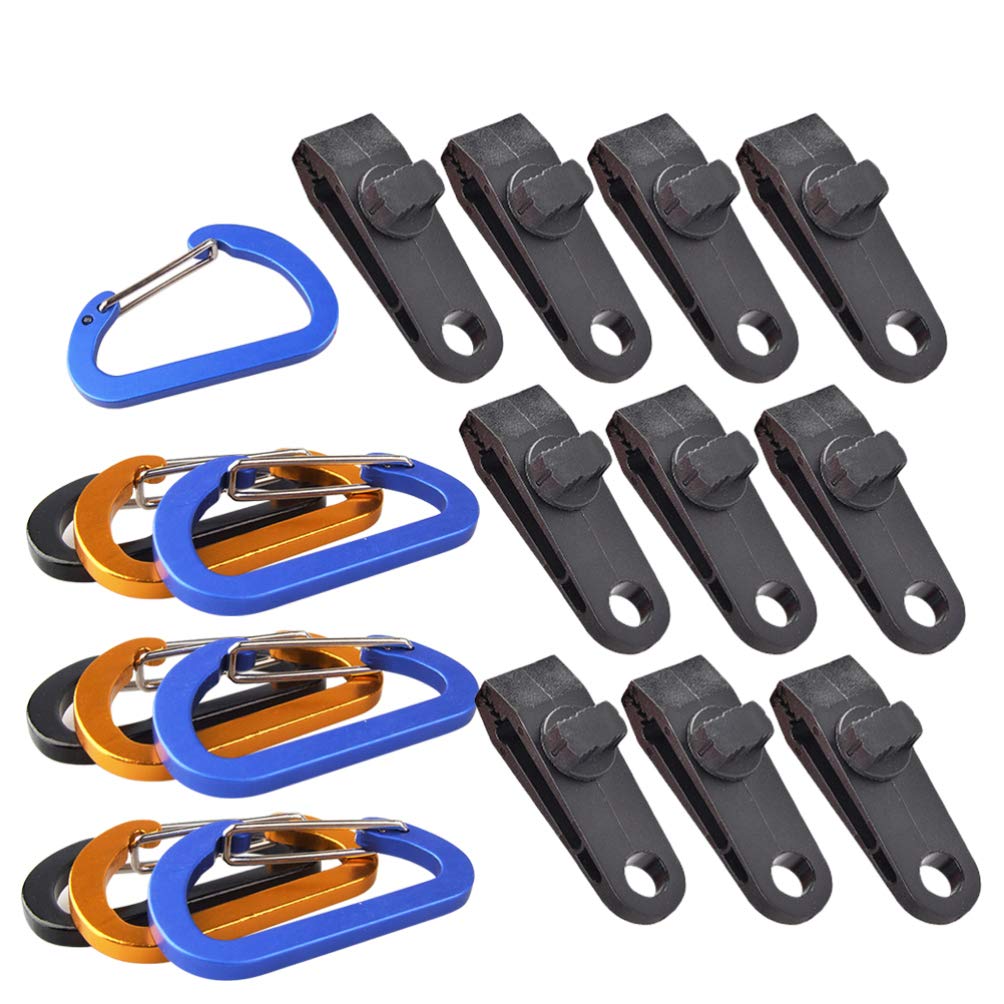 DOITOOL 20PCS Heavy Duty Tarp Clips with Carabiner Plastic Camping Clamp Clips Awning Clamp Set Lock Grip for Outdoors Camping Farming Garden ((10PCS Clip and 10PCS Carabiner)