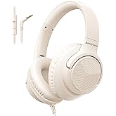 Botesty Sound Headphones Wired with Microphone, Over Ear Foldable 3.5mm Plug in Headphones Corded with 4.9ft Tangle-Free Nylon Cord for Tablet, Laptop, MP3/4, School, Airplane Travel (Beige)