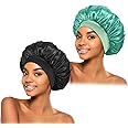 2Pcs Silk Bonnet for Sleeping, Satin Hair Bonnets, Soft Elastic Band Silk Sleep Cap, Hair Wrap for Women (Black Green)