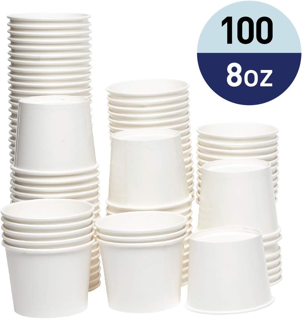 Papernain Paper Disposable Ice Cream Cups, Dessert Bowls (White, 8 oz, 100-Count)