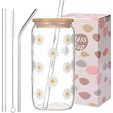 ANABIUP Cute Glass Cups with Lids and Straws, Daisy Flower Iced Coffee Smoothie Matcha Cup Tumbler Birthday Gifts for Women Sister Friend Her Preppy Teenage Girls Teen Girl Gifts Trendy Stuff Things