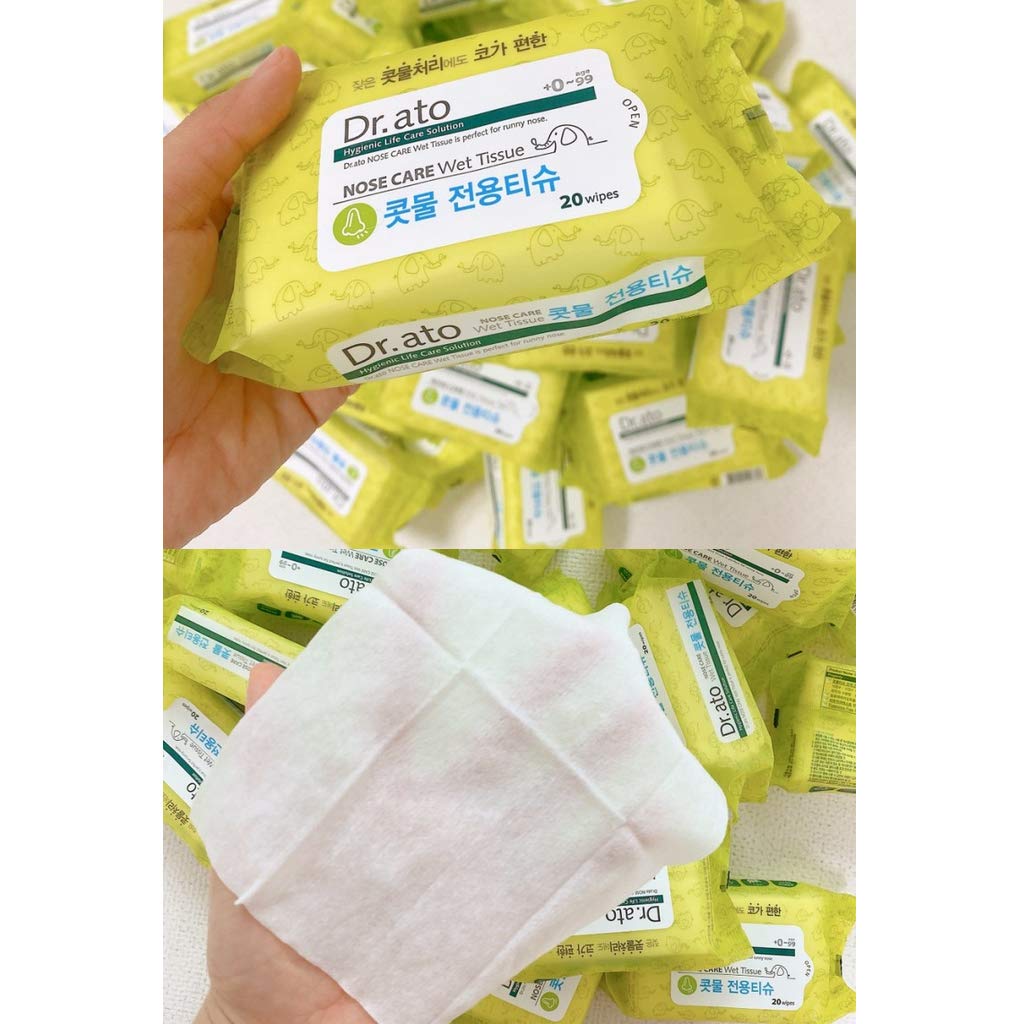 DR.ATO Nose Care Wet Tissue 20p 3 Pack (Total 60p) - Unscented Wet Wipes for Baby and Kids, Nose, Face, Hand Care with Natural Saline & Aloe Vera - Soothing and Moisturizing for Sensitive Skin