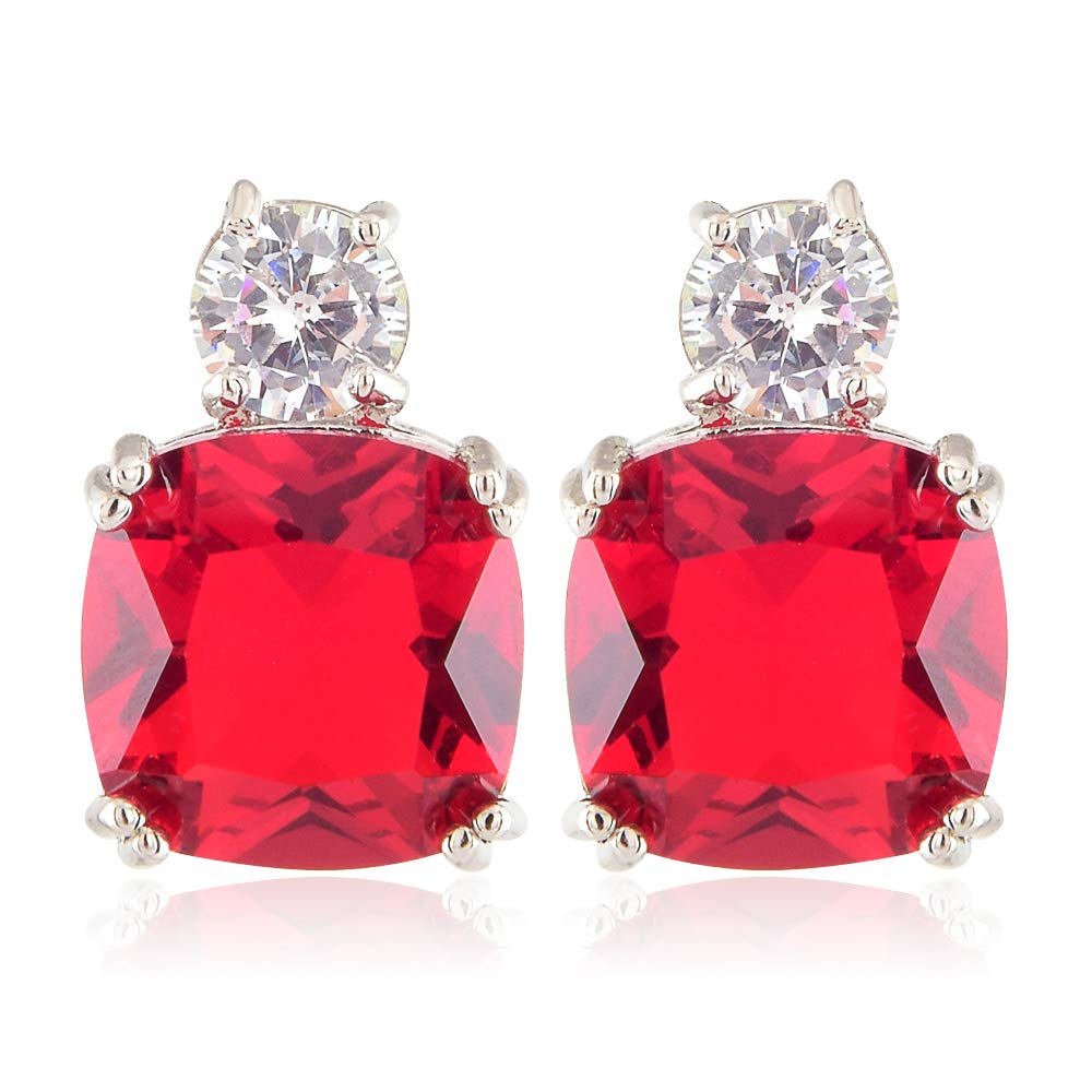 [RIZILIA CLASSIC] Stud Pierced Earrings with Cushion Cut Gemstones CZ [Red Ruby] in 18K White Gold Plated, Simple Modern Elegant