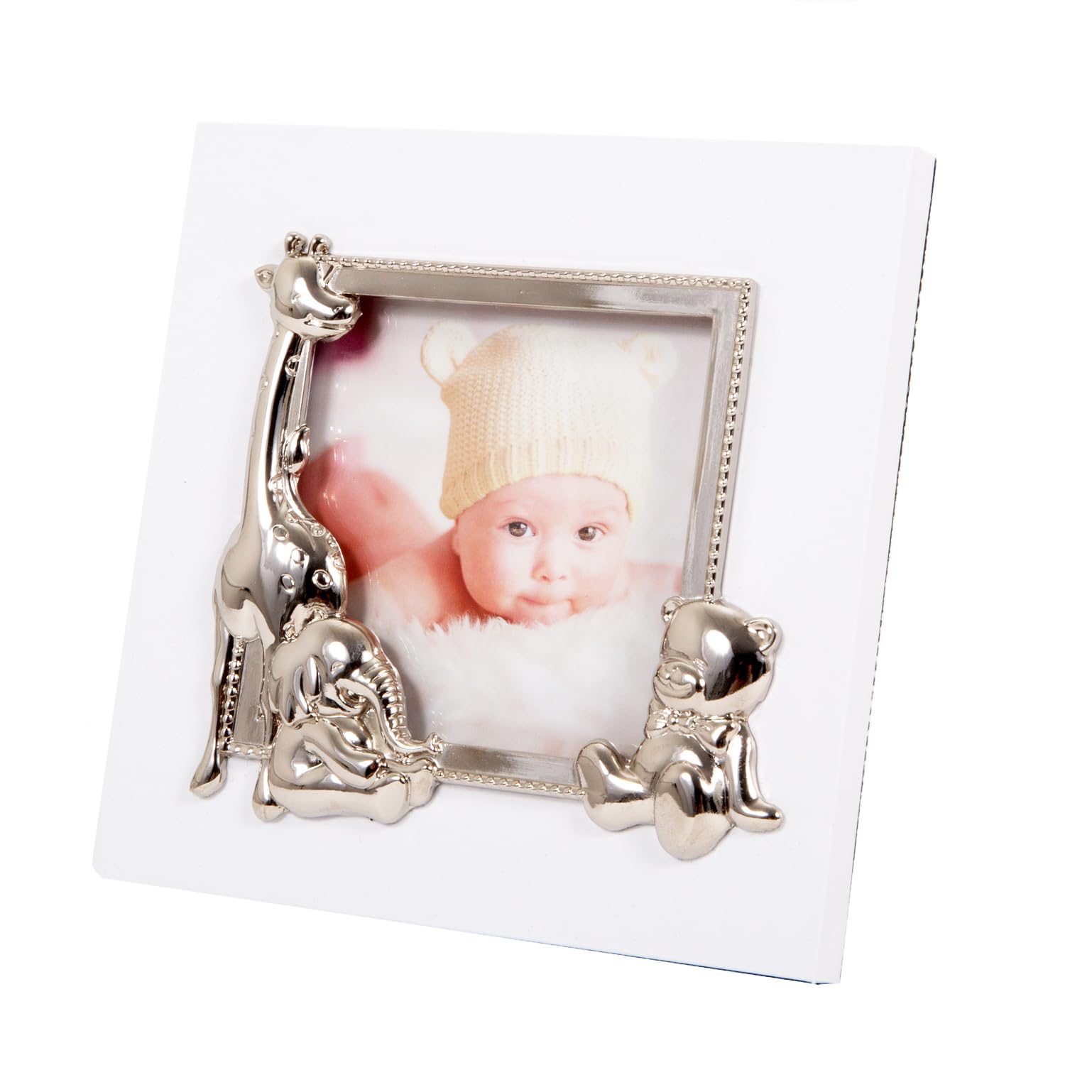 Happy Homewares Small White Baby Square Photo Frame with Shiny Silver Plated Giraffe Elephant and Teddy Bear | 3x3 Photograph Space | Freestanding Only