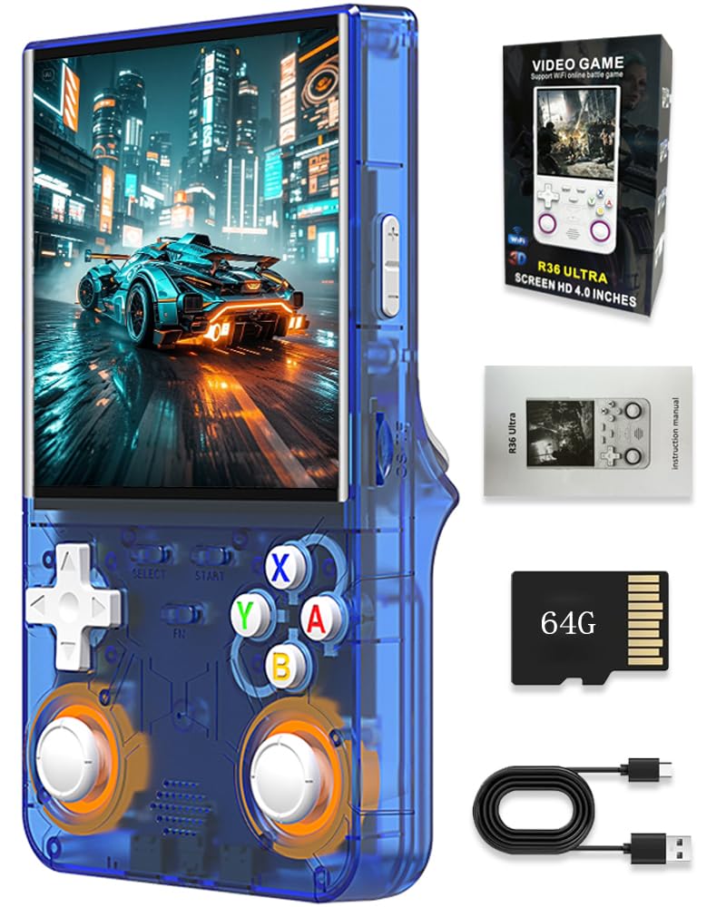 New R36 Ultra Handheld Game Console, 4" IPS Screen Portable Video Game Console , Built in 64G Card & 20000 Games, Linux System Support WiFi Bluetooth (Blue,64G)