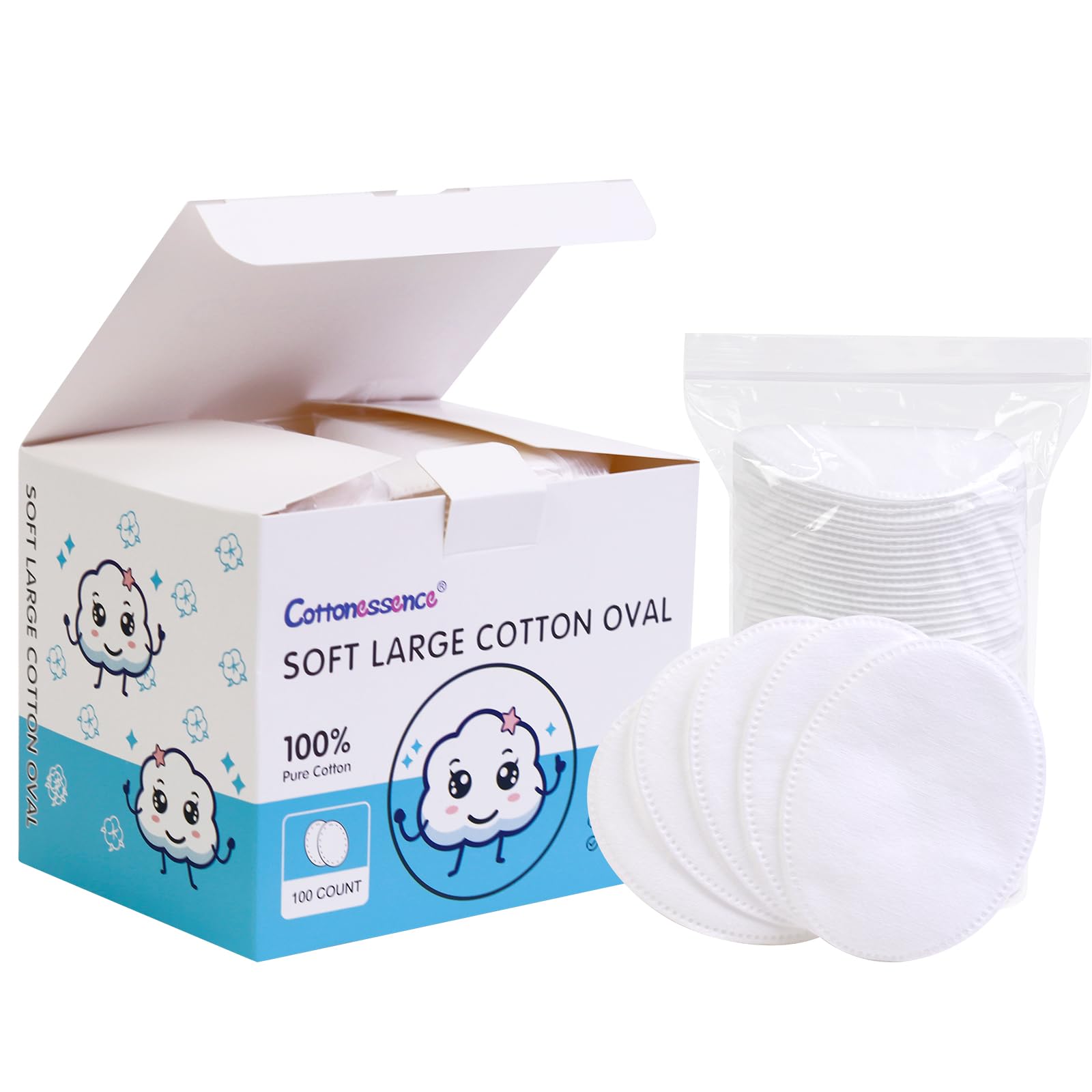 Photo 1 of Cottonessence Oval Cotton Pads (100-Count)- 100% Pure Cotton, Gentle Enough for Babies, Soft Texture, Large Size, Lint-Free, Double Sided, Hypoallergenic, Use Wet or Dry
