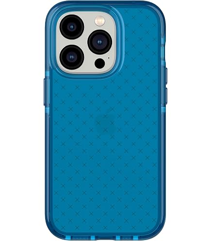 tech21 iPhone 14 Pro Max Evo Check compatibile con MagSafe - Custodia protettiva antiurto e sottile con protezione FlexShock Multi-Drop da 5 piedi e pulsanti extra blu classico