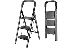 JaxSteam 3 Step Ladder with Anti-Slip and Wide Pedal 330lbs Capacity Folding Step Ladder for Household Kitchen Office(F-Black, 3-Step with Handrail)