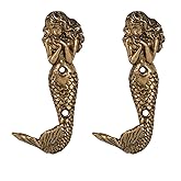 SOFFEE DESIGN 2pcs Gold Mermaid Shape Metal Wall Coat Hooks, Beach Decoration Wall Mounted Hanging Racks Coat Hooks for Keys, Towels, Clothes, Scarf, Bag