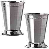 HningBuyox 2 Pack Mint Julep Cups, 12 OZ Silver Julep Glasses, Classic Stainless Steel Cocktail Glasses with Beaded Trim Border for Party Beer Juice Beverage Bar Home Restaurant