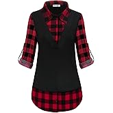 MOQIVG Womens Long Sleeve Contrast Collar Shirts Trendy Casual Plaid Patchwork Tunic Tops