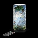 RainCaper Flameless LED Flickering 6” Pillar Wax Candle Light | Artist Monet | Woman with Parasol | Battery Operated | Remote