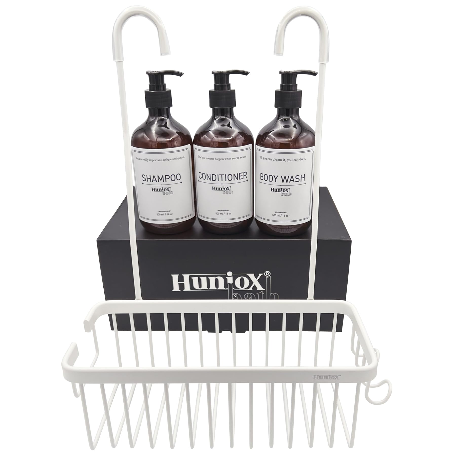 Huniox® Hanging Shower Caddy - Bath Shampoo Holder - White Shower Organizer (White, Basket)