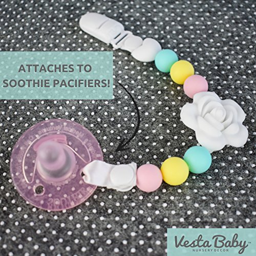 Vesta Baby Pacifier Clips with Silicone Teething Beads for Girls, 2 MAM Pacifier Clip Adapters, Soothie Pacifier Holder & Baby Teether Holder, Universal Binky Clips are Best Baby Girl Gifts, Set of 2