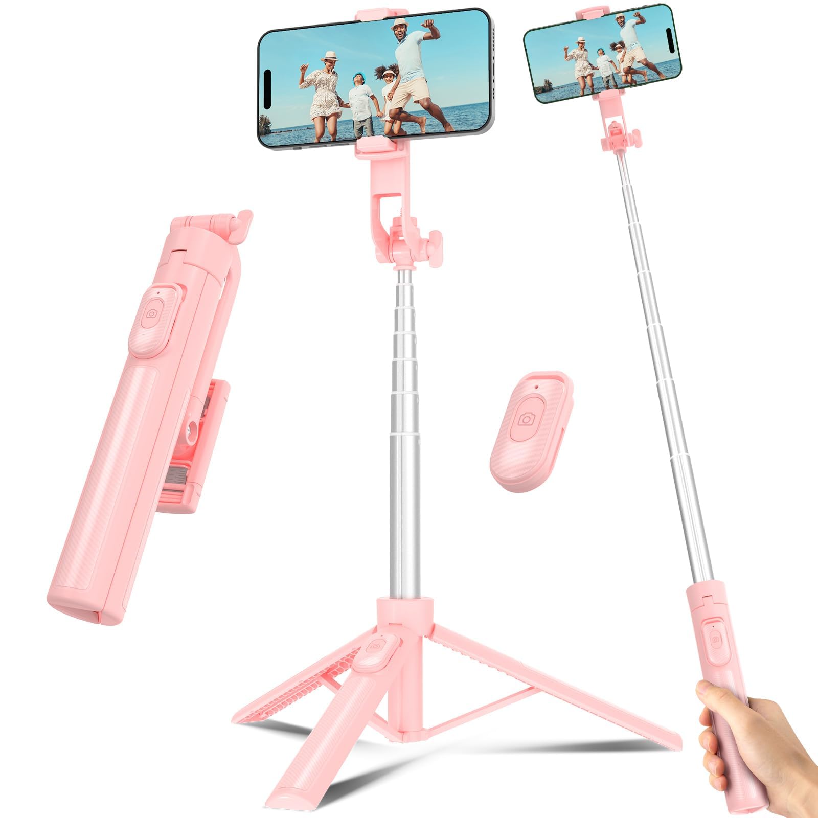 Photo 1 of Selfie Stick Travel Tripod for Cell Phone with Remote Control and Phone Holder, Extendable Selfie Stick for iPhone, iPhone Tripod for Video Recording, 50 Inch, Pink