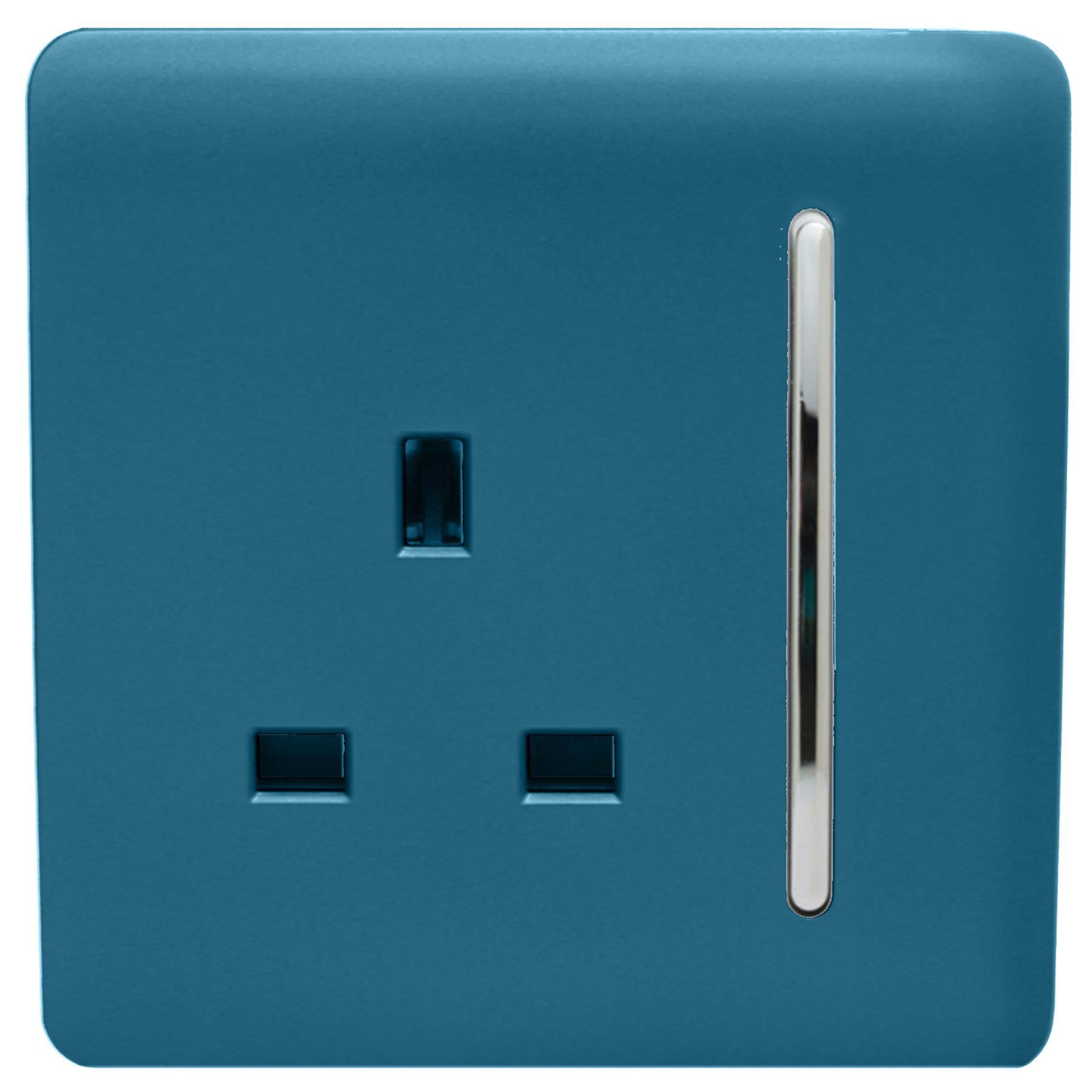 Trendi 1 Gang Raised Artistic Modern Glossy Screwless 13 Amp Single Pole with Chrome Switched UK Standard Electrical Double Wall Plug Socket in Ocean blue - ART-SKT13OB