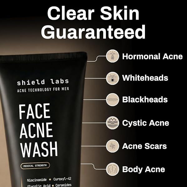 SHIELD FACE ACNE WASH FOR MEN AND BOYS, CUROXYL-42 FACE WASH TO CLEAR, TREAT, AND PREVENT ACNE, GENTLE FORMULA WITH NIACINAMIDE, HYALURONIC ACID, AND CERAMIDES, UNSCENTED, 5.1 OZ, PACK OF 1