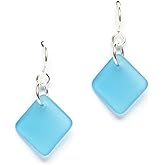 EcoSeaCo Sea Glass Delicate Diamond Earrings, Sterling Silver Dangle Beach Glass Handmade Earrings, Women's Jewelry, Made in the USA