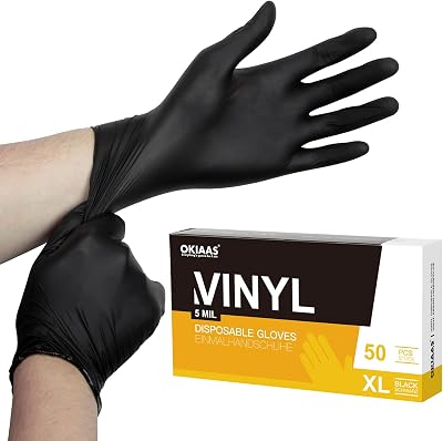 OKIAAS Black XL Vinyl Gloves 50ct Latex-Free Food Lab Household