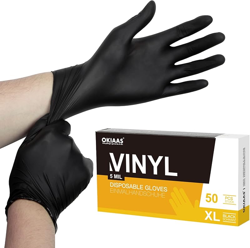 OKIAAS Black XL Vinyl Gloves 50ct Latex-Free Food Lab Household