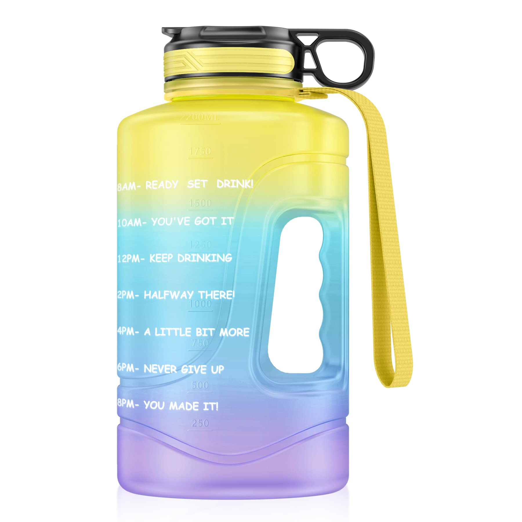 AF-WAN Motivational Water Bottle with Time Markings & Straw, 2.2 Litre Half Gallon Large Sports Water Jug with Handle, BPA Free Leakproof Water Bottles for Fitness, Gym and Outdoor Sports (Yellow)