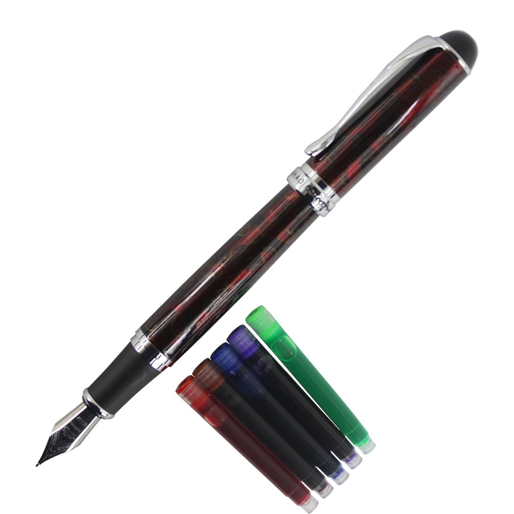 Gullor Medium Nib Smooth Fountain Pen 750 Original Pen Pouch and Ink Cartridge Set - Dark Red