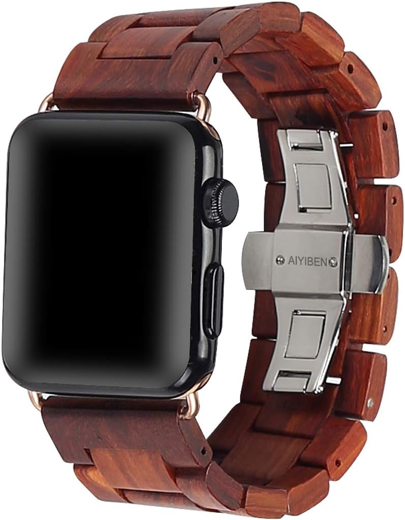 AIYIBENWooden Watch Band 42mm 44mm 45mm 49mm with Stainless Steel Butterfly Buckle Compatible for iWatch Ultra 2 SE Series 9 8 7 6 5 4 3 2 1 (Red)