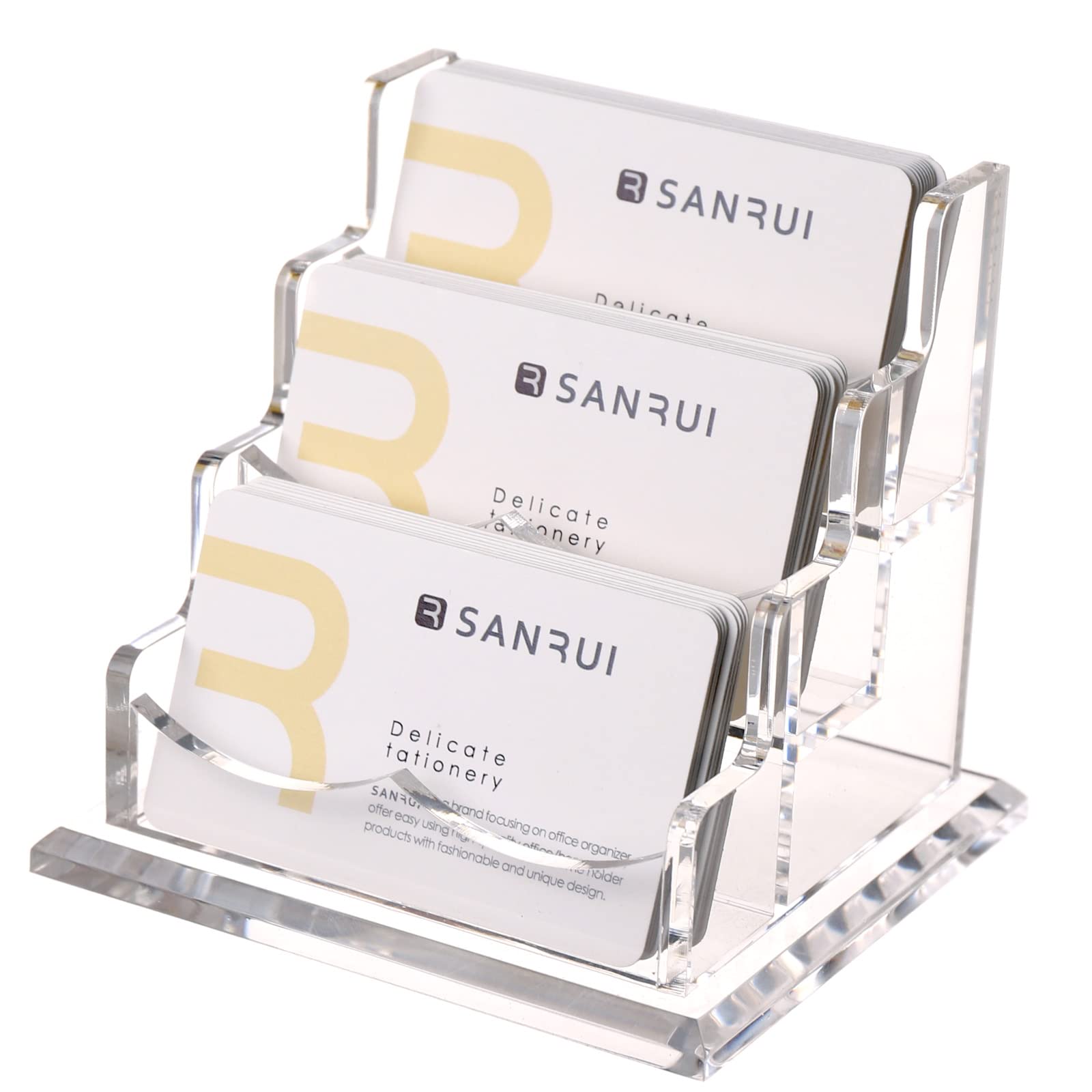 SANRUI Clear Acrylic Business Card Holder Stand, 3 Tier 3 Pocket, 180 Card Capacity, Transparent