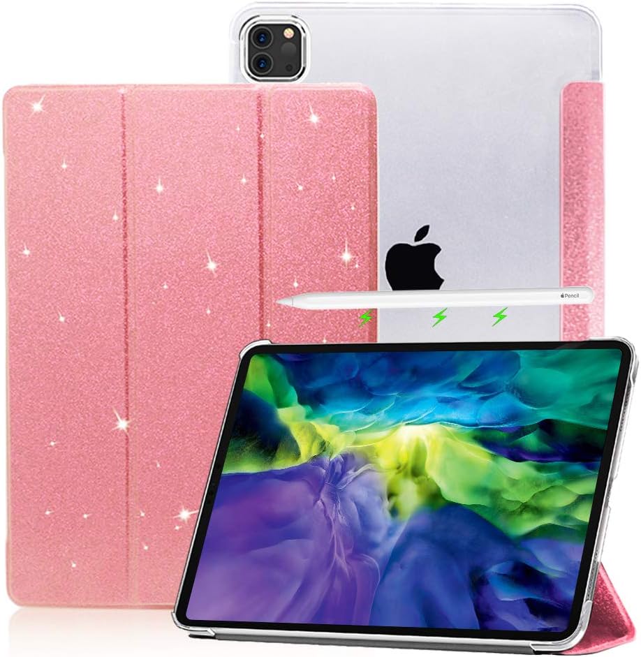 CLARKCAS Glitter Case for iPad Pro 11 Inch 2020/2018, [Auto Wake/Sleep] [Support Pencil 2 Pair/Charging] Tri-Fold Lightweight Slim Protective Cover for Girls iPad Pro 11 inch 2nd/1st Generation, Pink