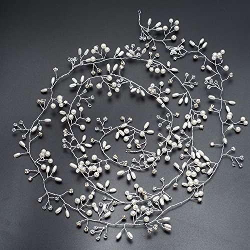 Beauty7 Silver Wedding Bridal Vine Wreath Headband Halo Wired Decorative Accessories Crystal Rhinestone Simulated Pearl Bride Bridesmaid Flowergirl Women Girl Long Hair with 2 Bobby Pins Set 39.4"