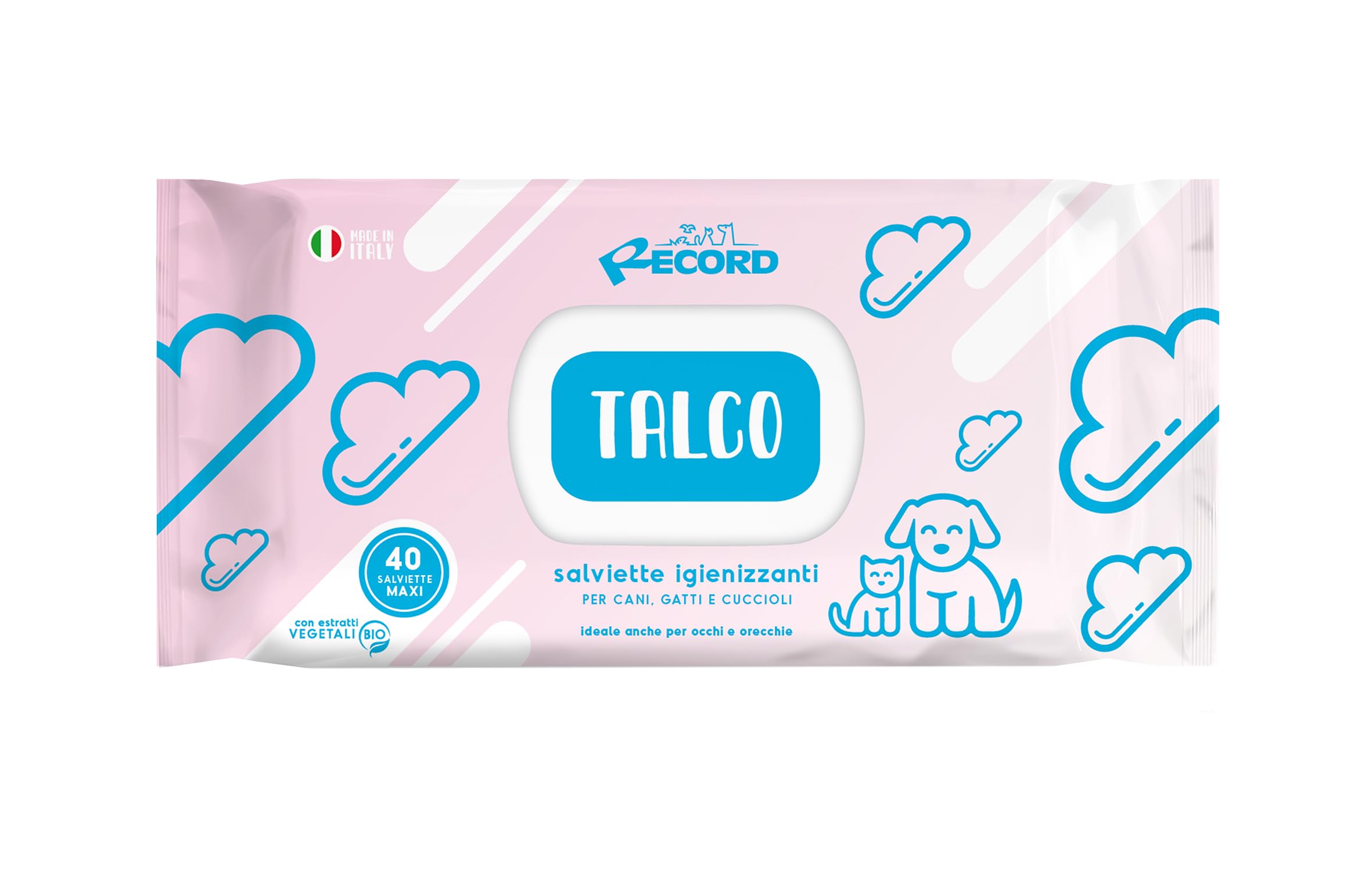 Record Wet sanitizing wipes for Dogs and Cats. Dog Wipes and Cat Wipes. Pack of 40. Pet Wipes for Hair, Paws, Muzzle and Eyes. Respect Skin and PH. Talcum Aroma