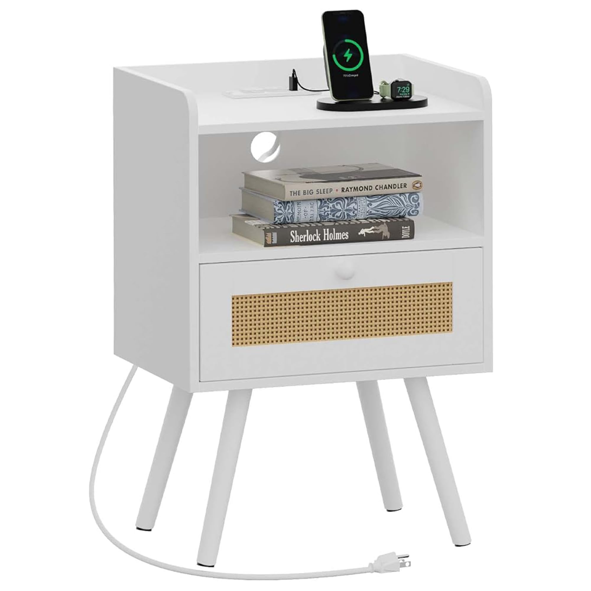 Photo 1 of SUPERJARE Nightstand with Charging Station & Rattan-Like Decor Drawer, Rattan End Table with Solid Wood Feet, Bed Side Table with Open Storage, for Bedroom, Living Room, Dormitory - White