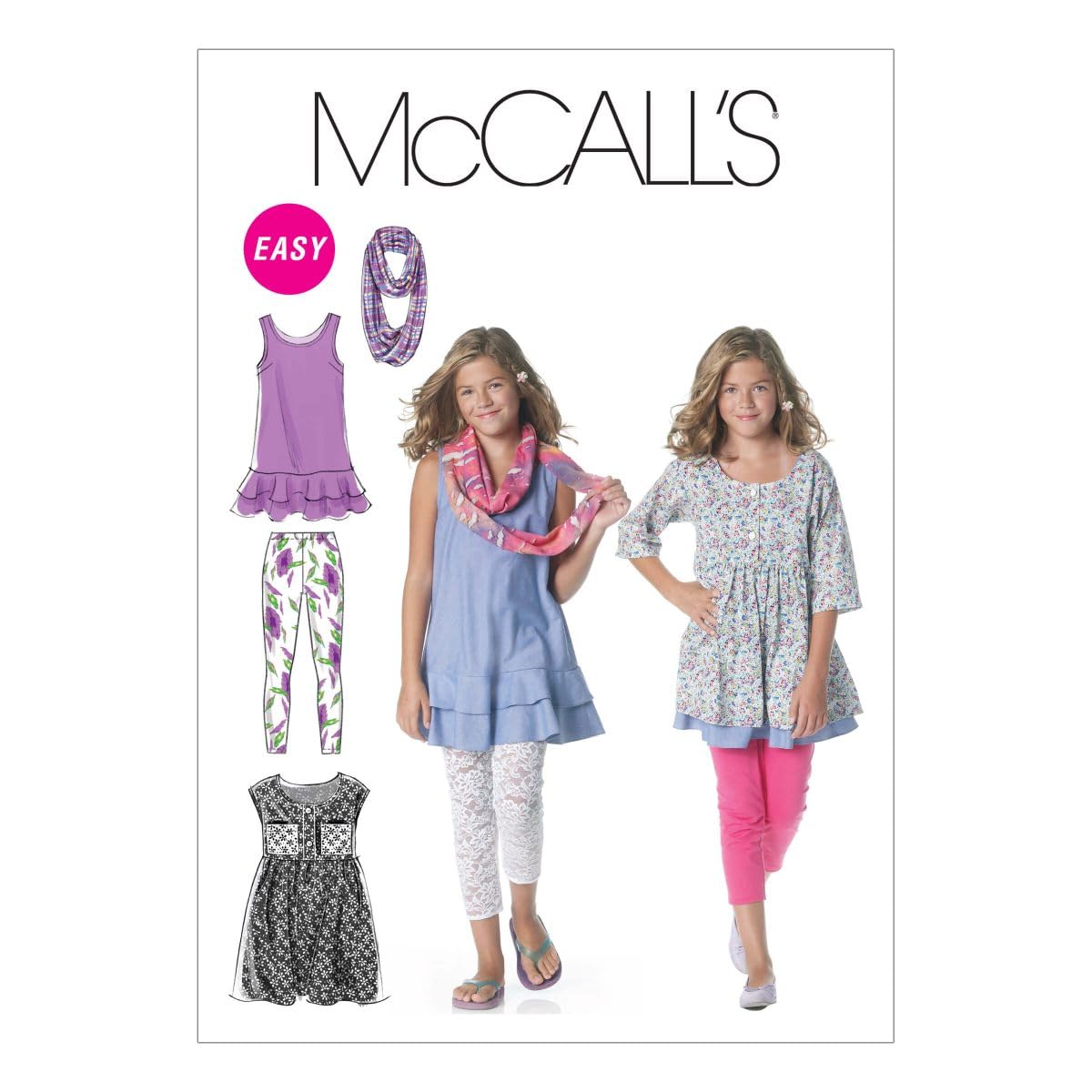 McCall's Patterns Girls'/ Girls' Plus Dresses, Scarf and Leggings, M6275 Size Girl [ 7-8 10-12 14 ], Pack of 1, White