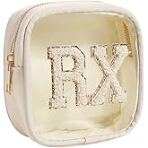 RSRSLEII Small Chenille Letter Clear Medicine Makeup Bags,Nylon PVC Waterproof Rx Pouch with Metal Zipper, Cute Drug First Aid Travel Organizer for Women Girls(06Beige)